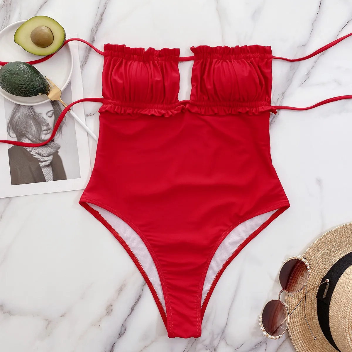 2021 Fashionable Sexy Female One-piece Swimsuit Lotus Leaf Tube Top Hollow Personality Woman Bikini Summer Beach Clothing | Спорт и