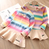 2021 spring autumn new 2 3 4 6 8 10 years baby kids clothing toddler child striped bowtie cotton long sleeve dresses for girls