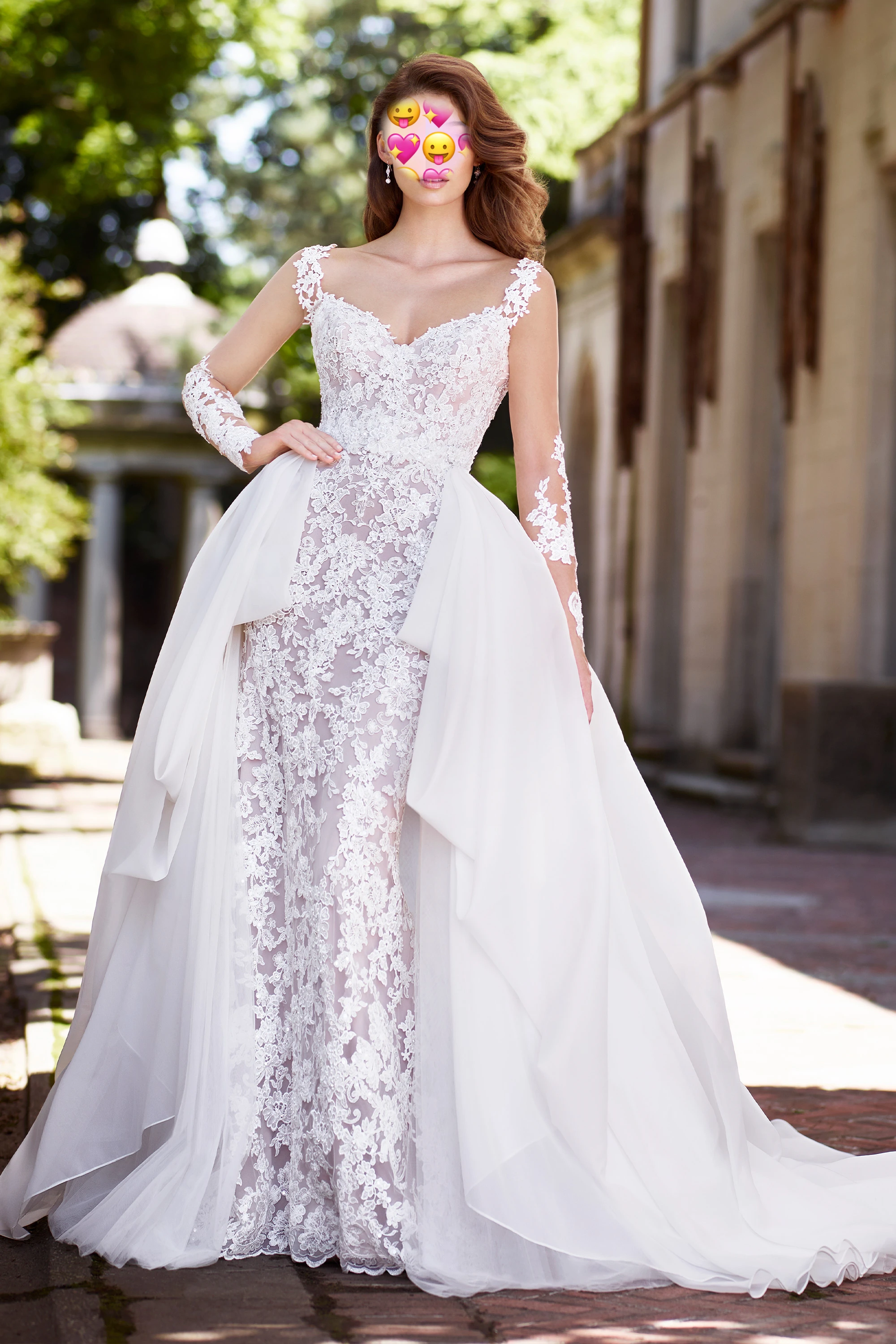 

Свадебное платье-Русалка 2 в 1, 2020 прозрачное кружевное платье с длинным рукавом, свадебное платье со съемным шлейфом