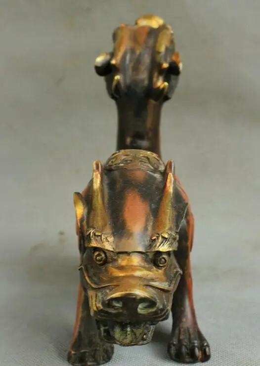 

10" China antique bronze Double head Kirin unicorn Beast Dragon statue