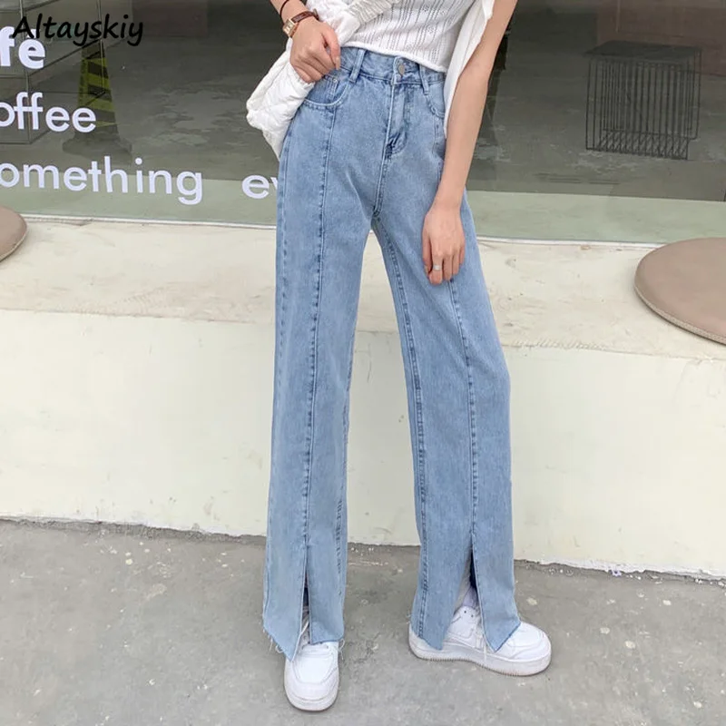 

Women Jeans Solid Spliced Design Fur-lined Vintage Stylish Female Ulzzang Slit Streetwear Denim Trousers Leisure Sweet Elegant