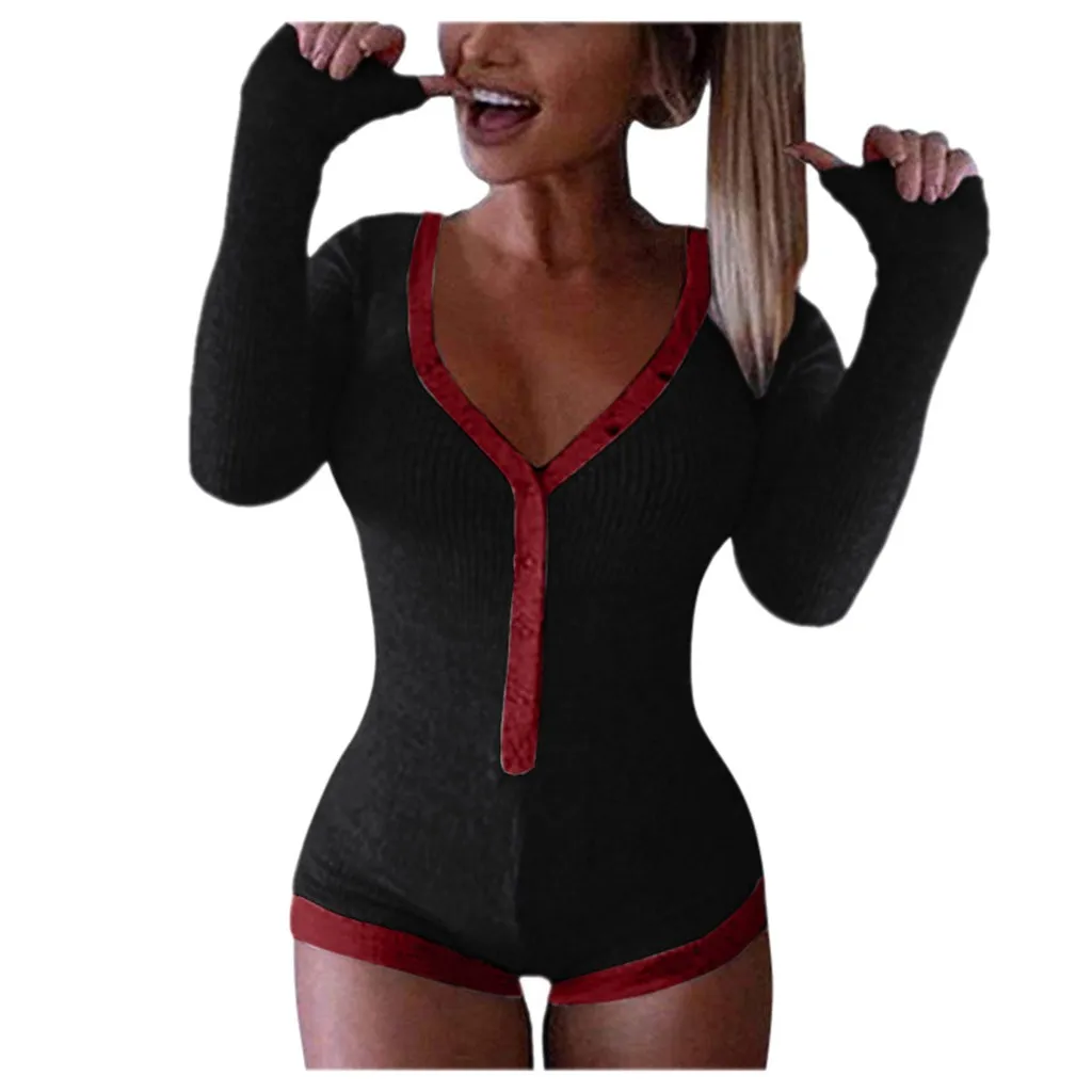 Женские вязаные комбинезоны с длинным рукавом глубоким v-образным вырезом