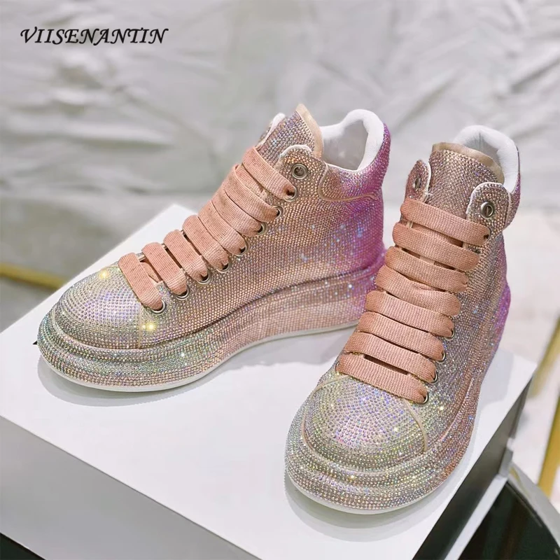 

Full Rhinestone Platform Shoes Diamond-studded Autumn and Winter New High-top Thick-soled Gradient Rhinestone Small White Shoes