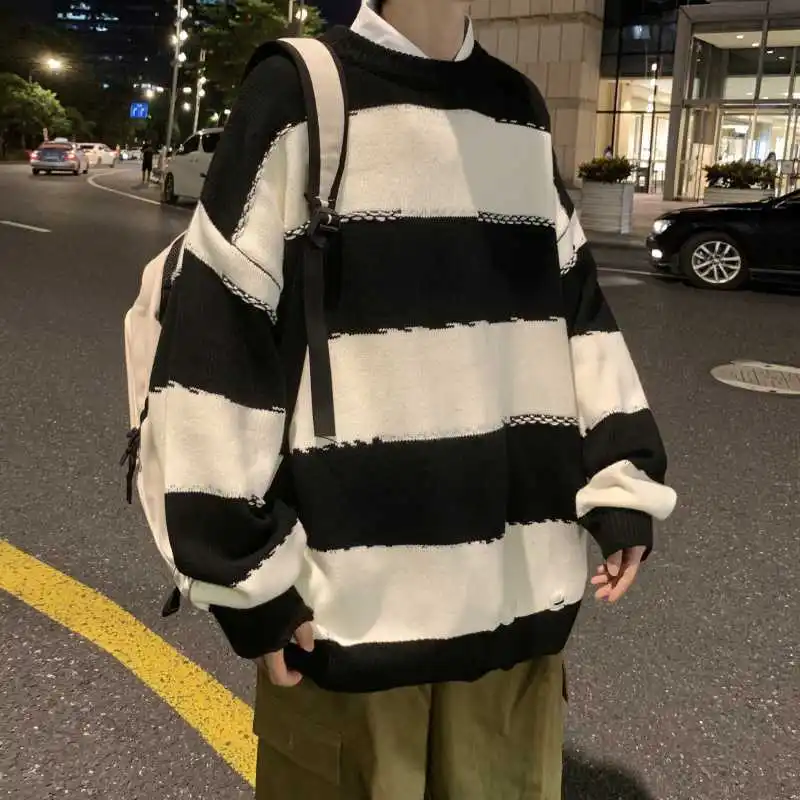 

Hong Kong Style Sweater Men's Spring Autumn Round Neck Knitted Sweater Coat Loose Lazy Japanese Black White Striped Pullovers