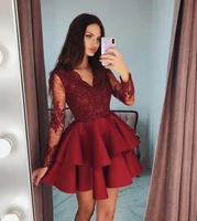 burgundy cocktail dress for women 2021 sexy v neck full sleeve tiered skirt illusion mini short party dresses for homecoming