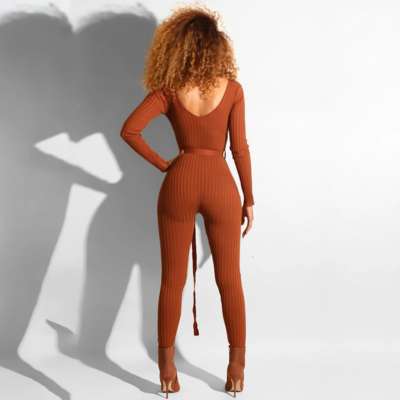 Slaygirl, трикотажные, сексуальные, вечерние, комбинезон для женщин, пояс на талии, комбинезоны, комбинезон с длинным рукавом, v-образный вырез, комбинезон, облегающий, женский комбинезон