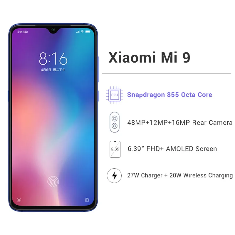Xiaomi mi 9 6 GB 128 мобильный телефон Snapdragon 855 Восьмиядерный 39 &quot20 W беспроводной быстрый