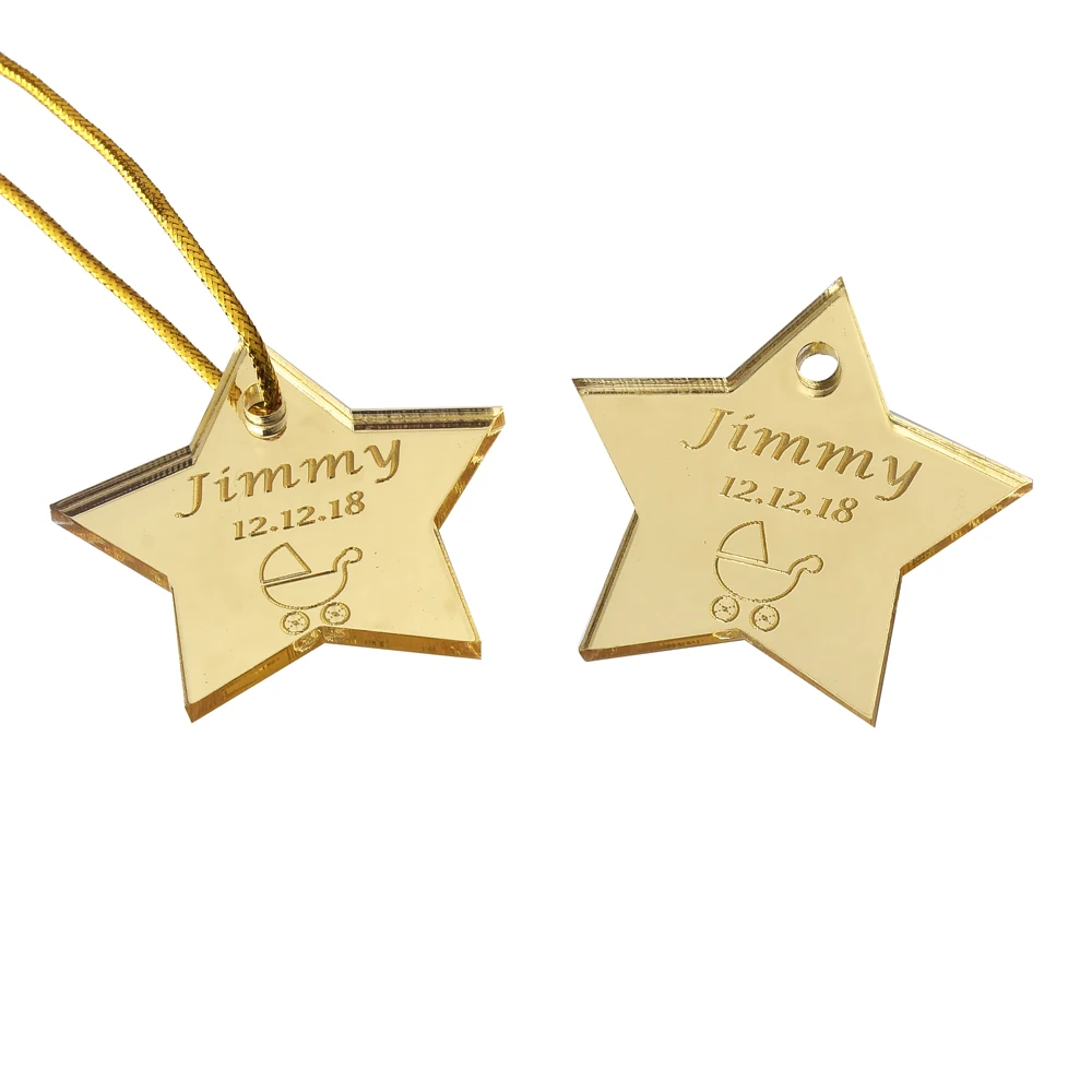 

50Pcs * Personalized Engraved Mirror Star Wedding Tags Gold Baptism Name Tag Sculpture Party Gifts Baby Shower Favor 14 Style