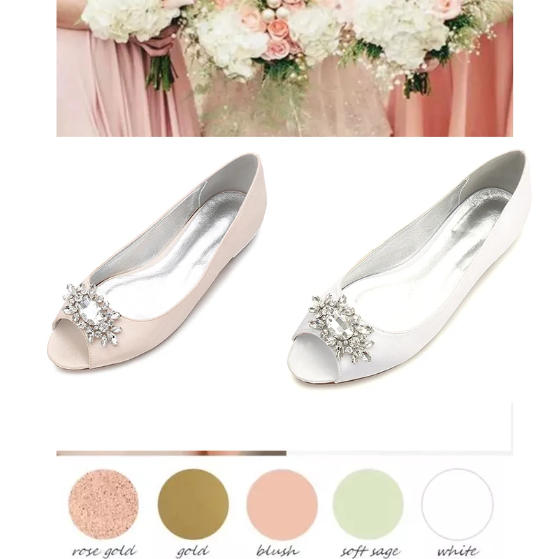 

Rhinestones Womens Flats Satin Peep Toe Wedding Shoes For Bride Slip-On Daily Working Sandals Champagne Ballerinas