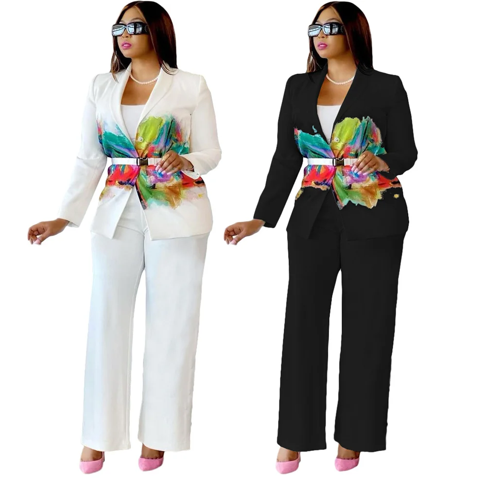 

suit women fashion turn down collar waistband printing Single button tops straight leg pants business casual women outfits