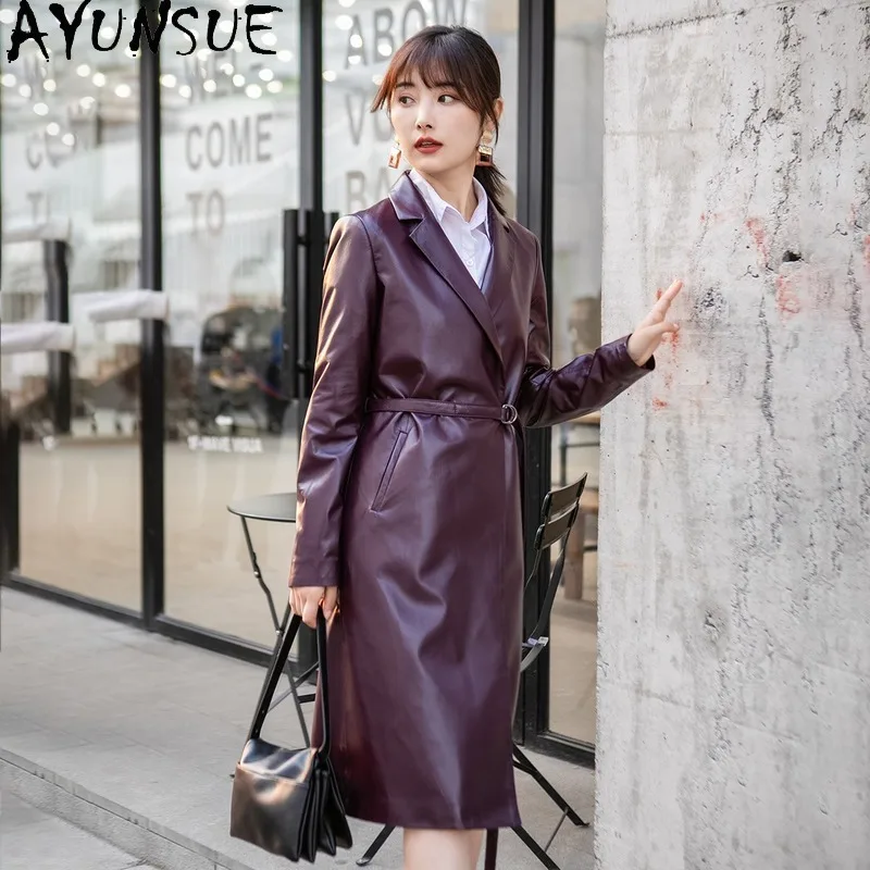 AYUNAUE Genuine Leather Jacket Women Long 100% Sheepskin Coat Spring Autumn Windbreaker Real Leather Jackets Chaqueta Mujer 9620