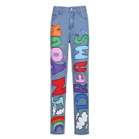 new print graphics letters wash womens mom jeans for girls cargo denim oversize baggy jean printed woman long trousers trousers