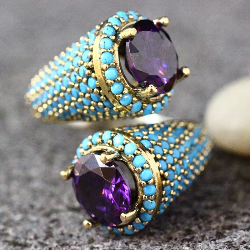 

Vintage Gold Color Turquoises Beaded Opening Ring For Women Girls Punk Gothic Party Retro Purple Zircon Jewelry Gift E4M853