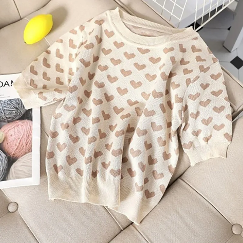 

2020 New Arrival Short Sleeve Tee Women Round Neck Color Block Heart-shaped Pattern T-Shirt Fashion Loose Knitted Tops