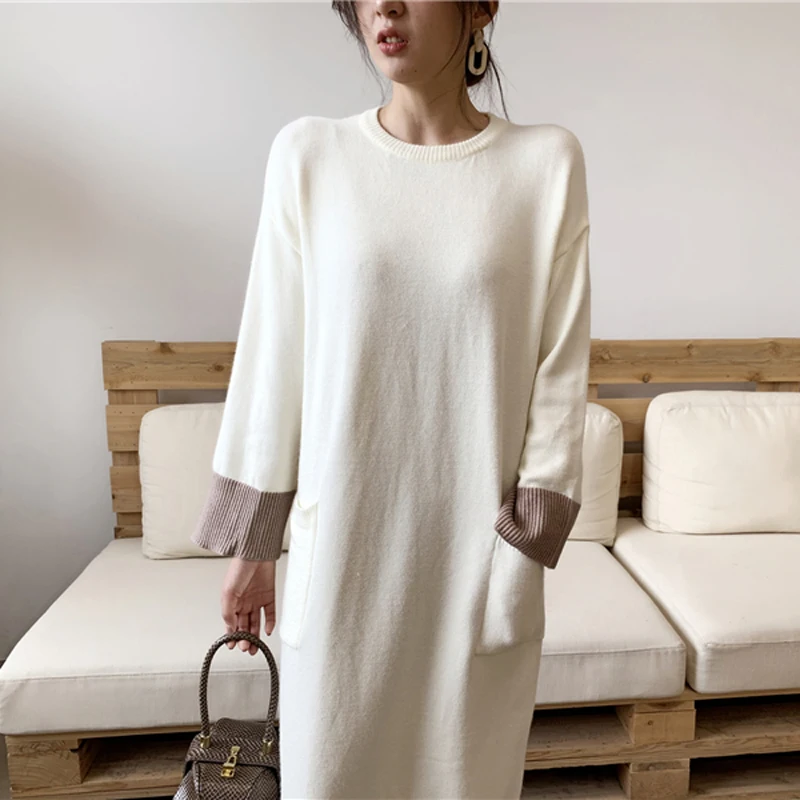 Женское платье-свитер с карманами BGTEEVER свободное платье-джемпер средней длины