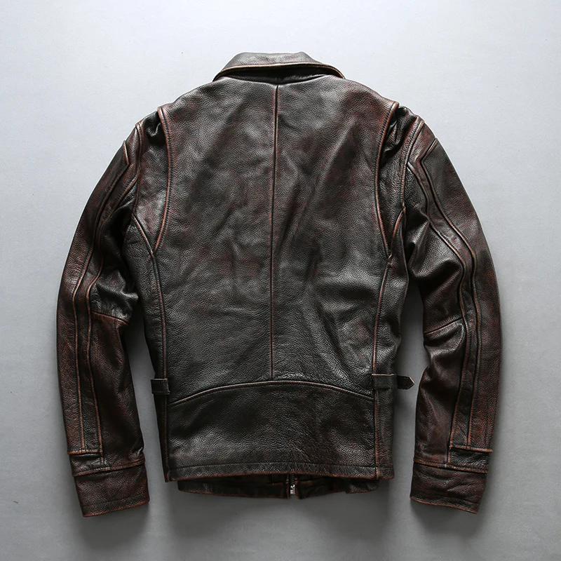 

Винтажная мотоциклетная куртка стирать 2021 из коровьей кожи мужская ржавчина красная облегающая короткая мужская кожаная куртка