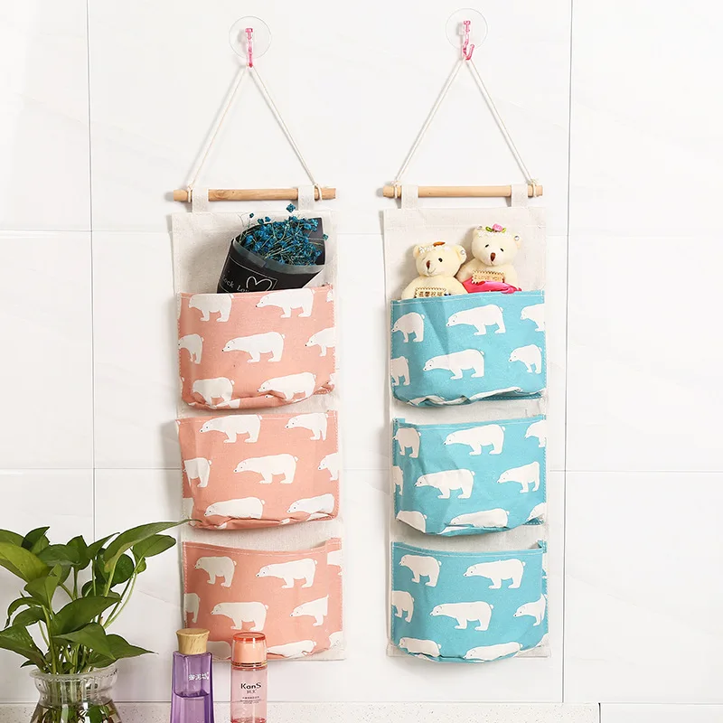 Подвесная сумка для хранения из хлопка и льна с рисунком фламинго 3 кармана