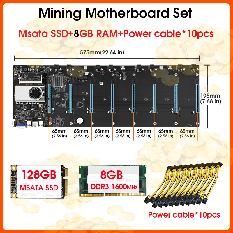 JINGSHA BTC-S37 8 GPU Bitcoin Cryptography Ethereum Mining Motherboard with 128GB MSATA SSD， 8GB DDR3 1600MHz RAM Power Cable