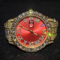 hip hop missfox red diamond mens iced out watches top brand luxury automatic day date aaa quartz wristwatches for man jewelry