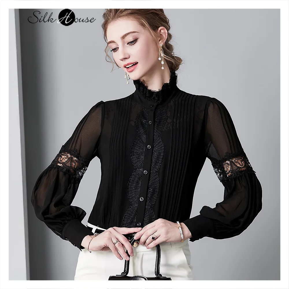 Женская шелковая рубашка с воротником стойкой открытая перспективная цельная