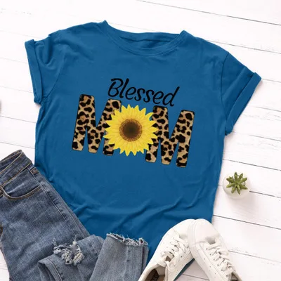 

Leopard Letter Blessed Mom Print T Shirt Women Summer Harajuku Sunflower Daisy Graphic Tees Female Short Sleeve Loose Top Ladies