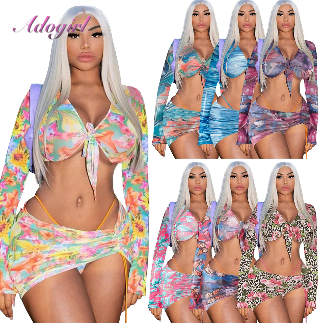 

Sexy Floral Print Sheer Mesh 3 Piece Sets Drawstring Long Sleeve Crop Top+Underpants+Skirt Summer Beach Suit Club Matching Set