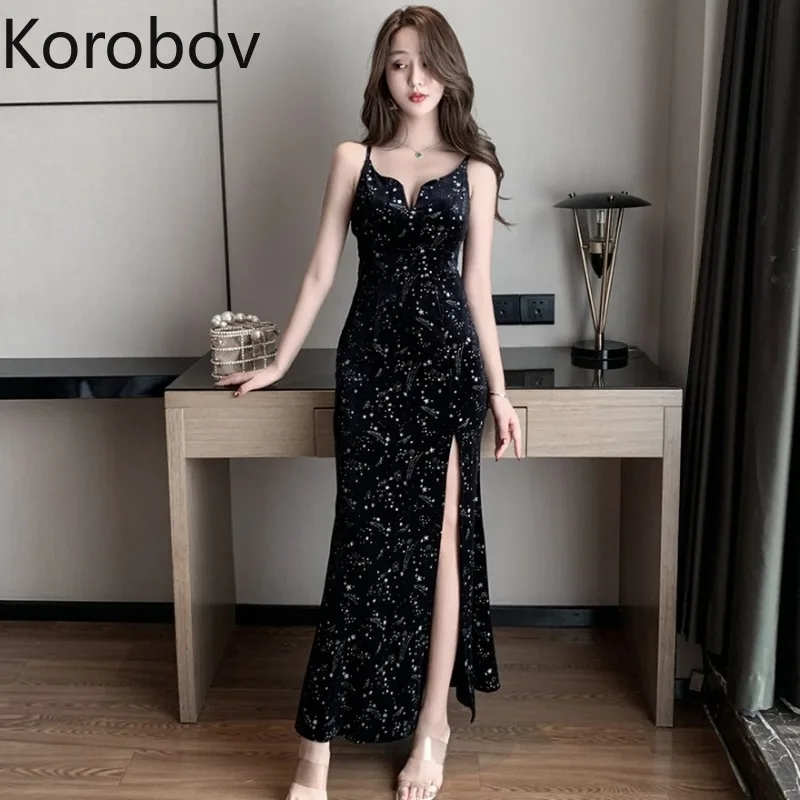 Korobov винтажное женское платье на бретелях спагетти корейские пикантные черные