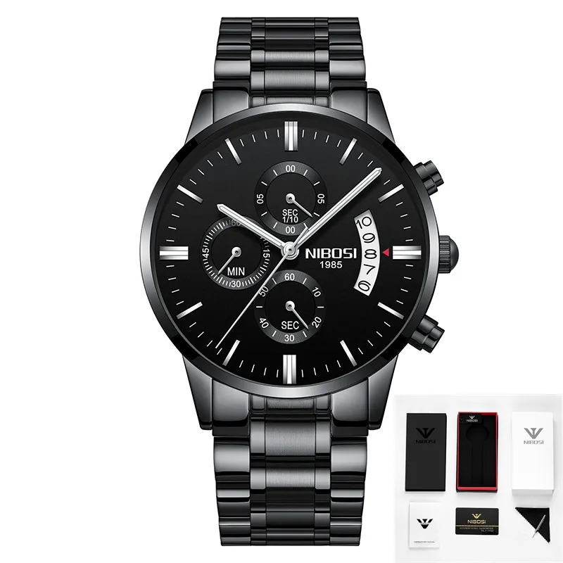 4 with box NIBOSI часы Relogio Masculino люксовый бренд Мужские Хронограф деловые Часы мужские стальные кожаные водонепроницаемые кварцевые наручные часы - Цвет: 4 with box