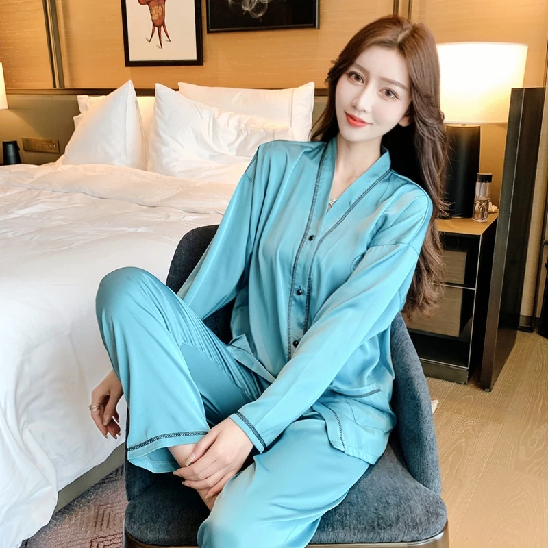 

Pyjamas Women Ice Silk Pajamas Set Turn-down Collar Sleepwear Long Sleeve Pijamas Sexy Satin Lingerie Night Wear Homewear