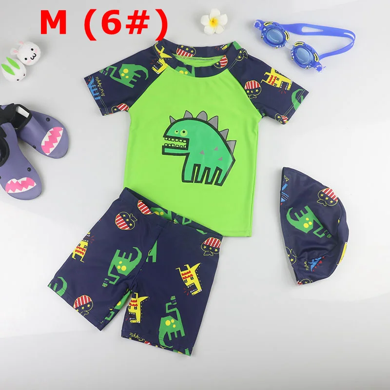 GREEN M Boy Baby Swimwear Dinosaur Swimming Suit for Boys Short Sleeves Toddler Kids Children's Swimwear Beach Clothes Bathing Suit 3pcs - Цвет: GREEN M