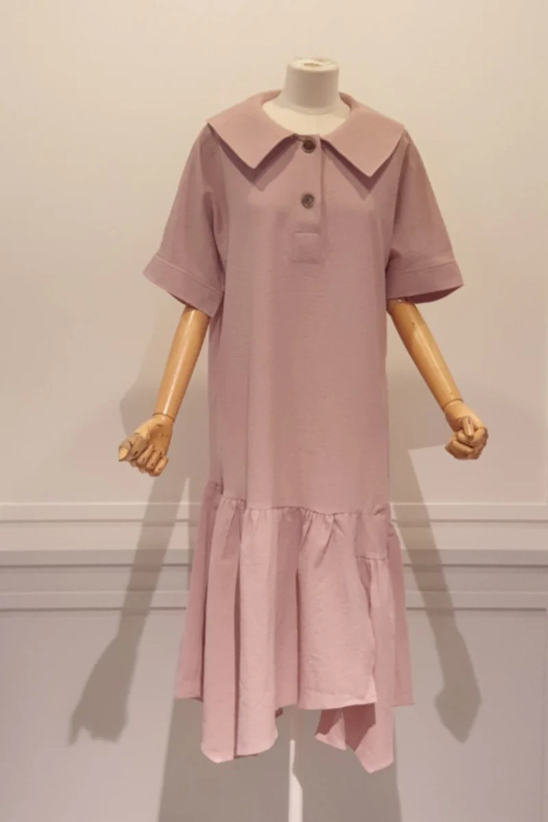 

Fashion High Waist Long Dress Female 2021 Summer Korean Style Doll Collar Asymmetric Dress Women's Short Sleeve Casual Dress