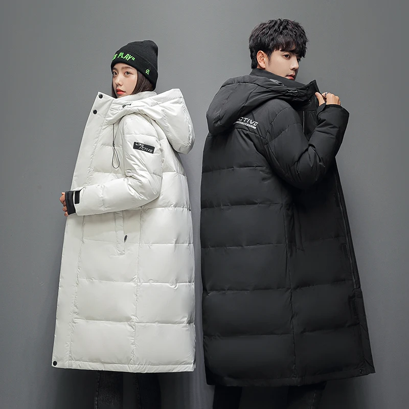 

2021 Winter Long Down Jacket Women Men Warm Thicken Coat Hoodies Casual Couple Wear Outerwear Korean Design White Duck Down