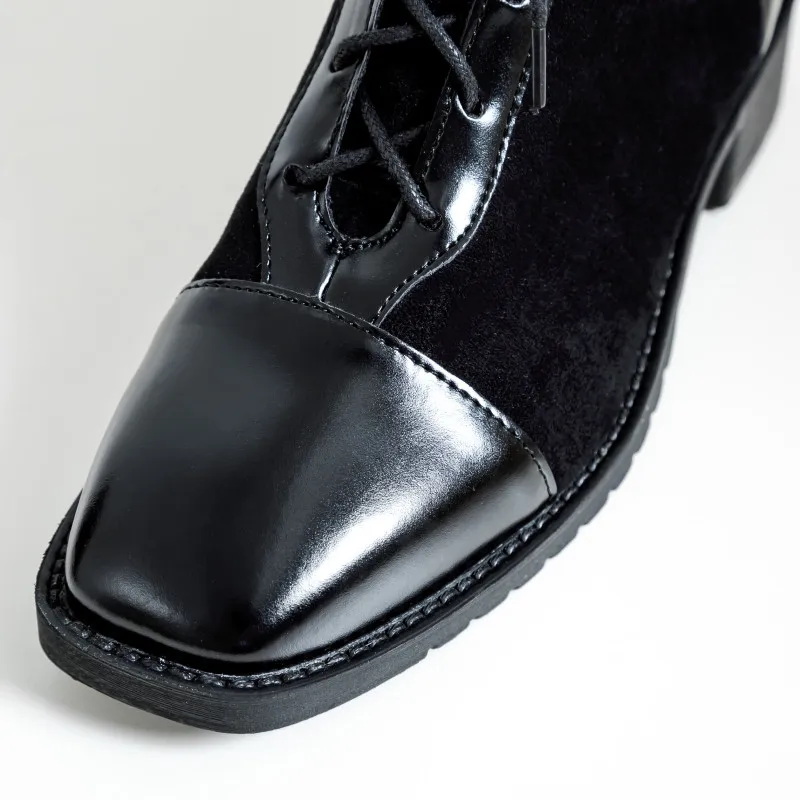 

Luxury Woman Boots Mid-Calf Microfiber Lady Boot Cotton Fabric Fashion Leather Boot Square Toe Heel Plush Sewing Women's Boots