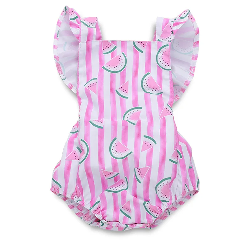 Милый розовый Боди в полоску с принтом арбуза рукавами-крылышками и открытой