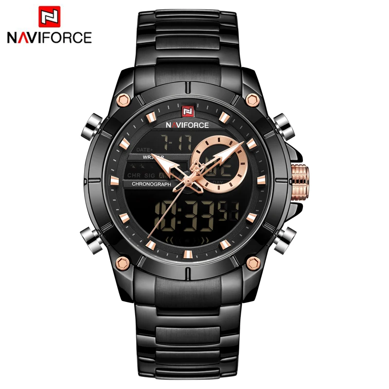 NAVIFORCE мужские часы Топ люксовый бренд мужские s Модные Аналоговые цифровой двойной дисплей часы мужские золотые деловые водонепроницаемые наручные часы - Цвет: B B