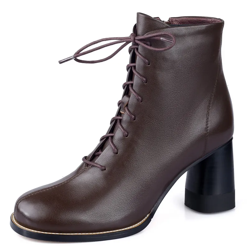 

Thick-heel Matin Boots New Leather Single Ankle Booties Black White Lace-up Women Shoes British Style Spring Autumn Female