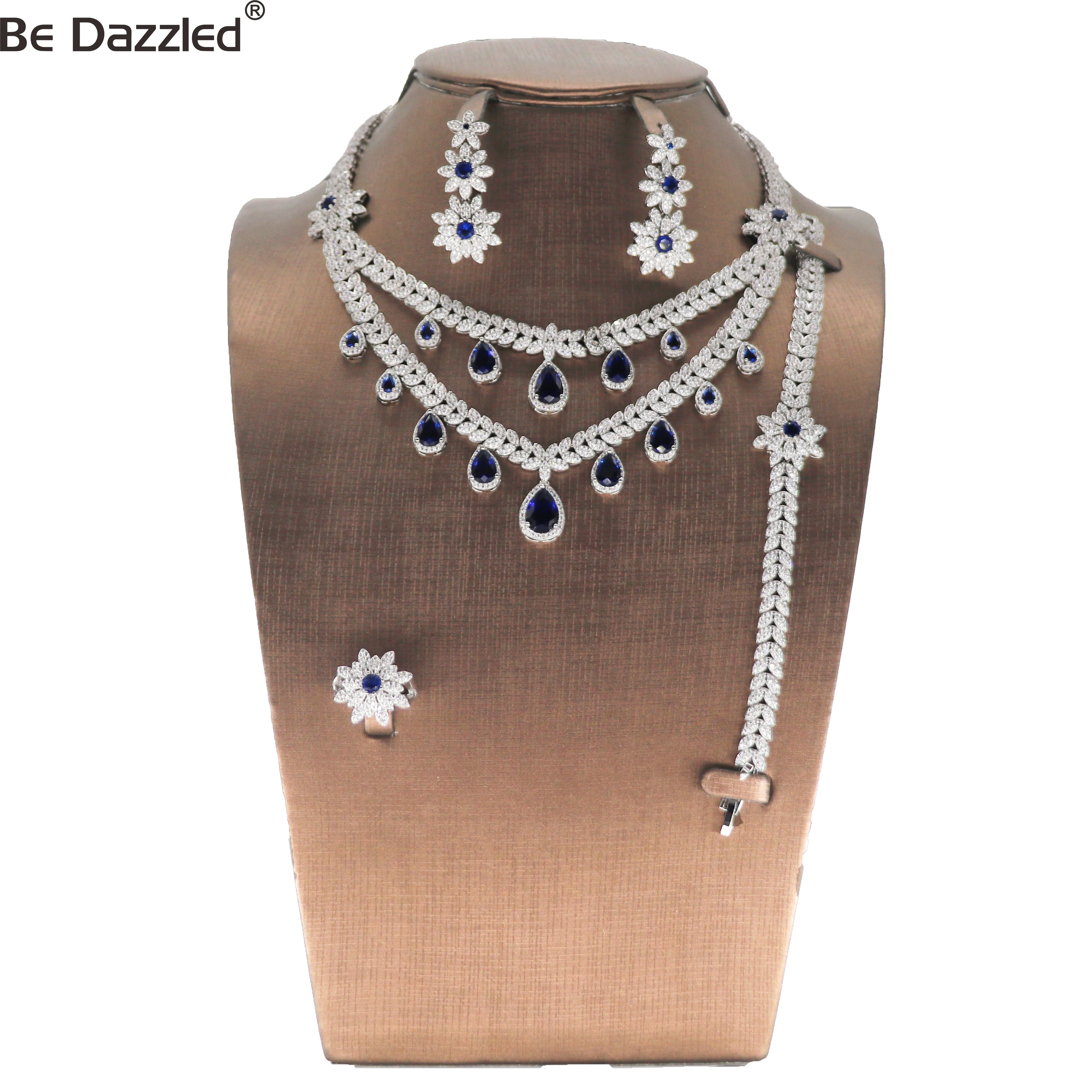 

Роскошное изысканное женское ожерелье с синим камнем и фианитом очаровательные серьги ювелирные изделия для торжества Свадебный комплект ...