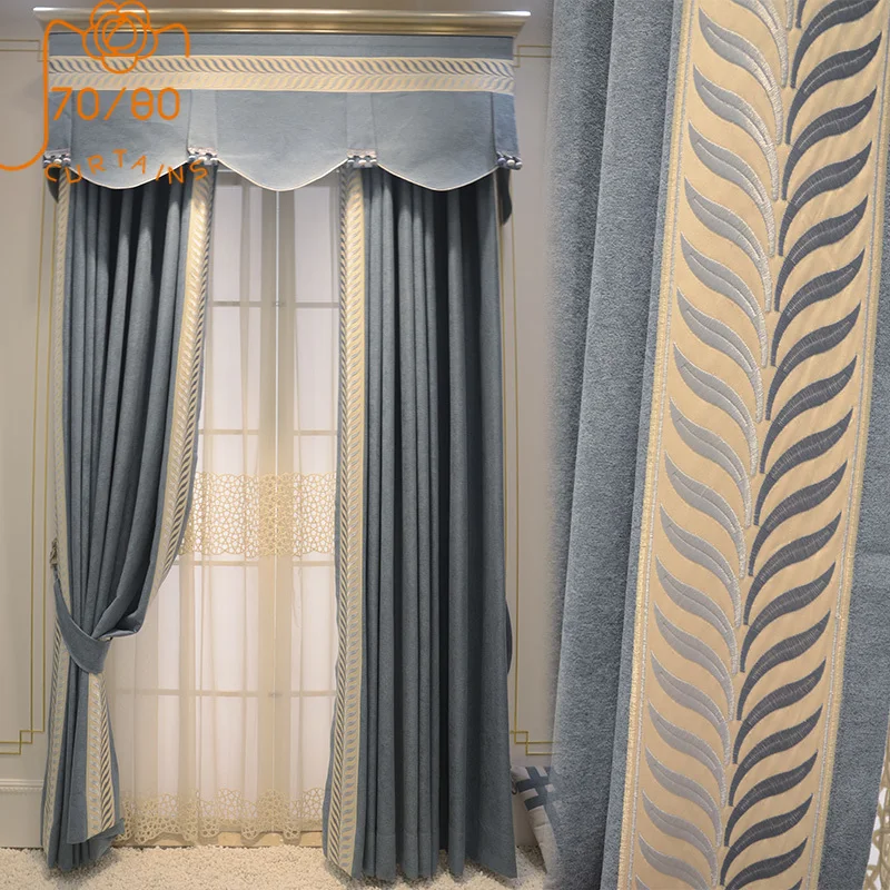 

French Luxury High-end Flannel Embroidery Lace Stitching Thickening Blackout Curtains for Living Room Bedroom Customization