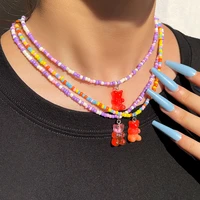 new rainbow color gummy bear simple seed beads necklace for women lovely bear rice bead necklaces beach party jewelry wholesale