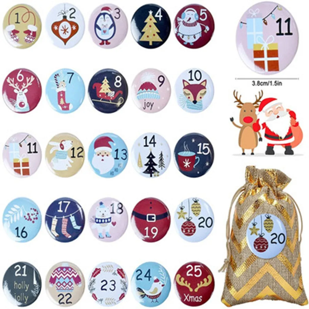 

24PCS Christmas Calendar Badge Pin Badge Christmas Advent Number Label Set Gift Bag Clothes Accessories