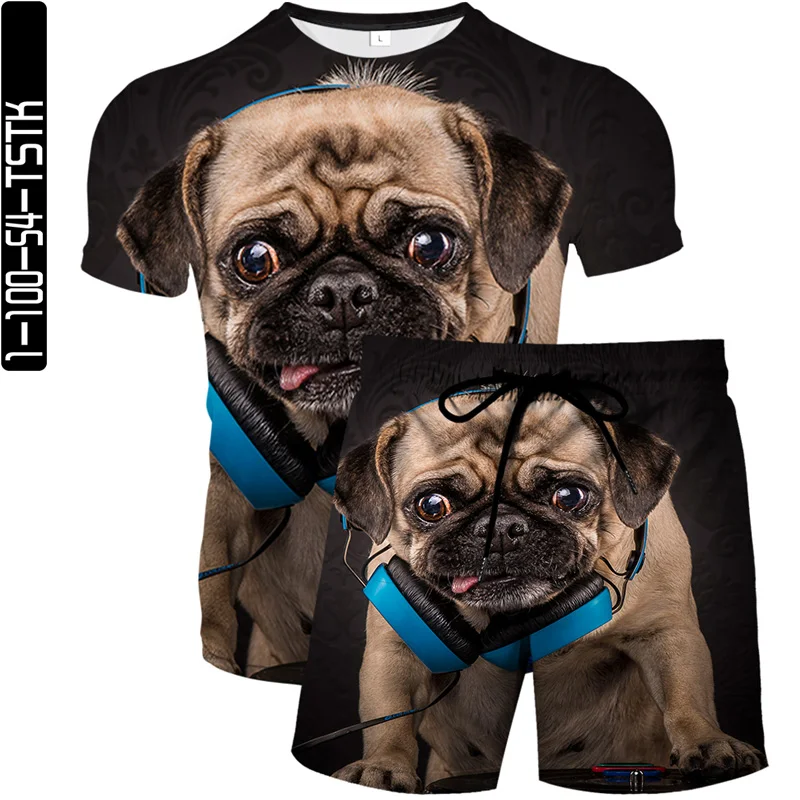 

2021 summer new men's 3D printing beach pants fashion trend boutique T-shirt two-piece puppy element pattern quick-drying suit