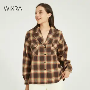 Женская клетчатая блузка Wixra, Повседневная Свободная блузка с длинным рукавом и отложным воротником, двойные карманы, толстые рубашки на осень и весну