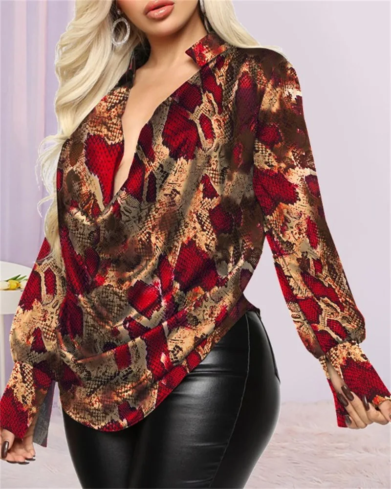 

2022 Spring and Autumn Women's Tops Fashion Sexy V-neck Printed Long Sleeve All-match Casual Elegant Irregular Top Women