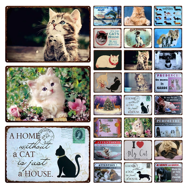 

20x30cm Custom Cats And Dogs Beloved Pet Houses And Pet Shops Retro Fade-resistant Decorative Plaque Tin Painting Metal Tin Sign