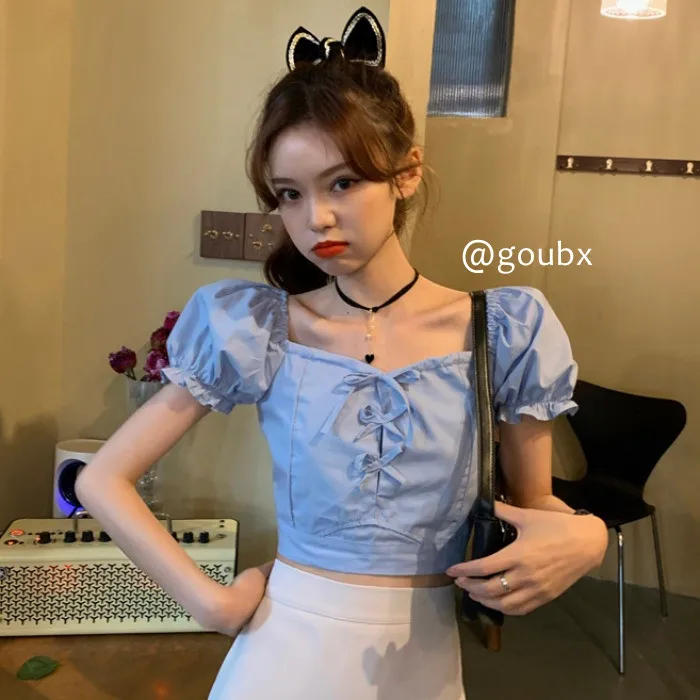 Новинка Весна 2021 синий ретро Топ в Корейском стиле с пышными рукавами женская