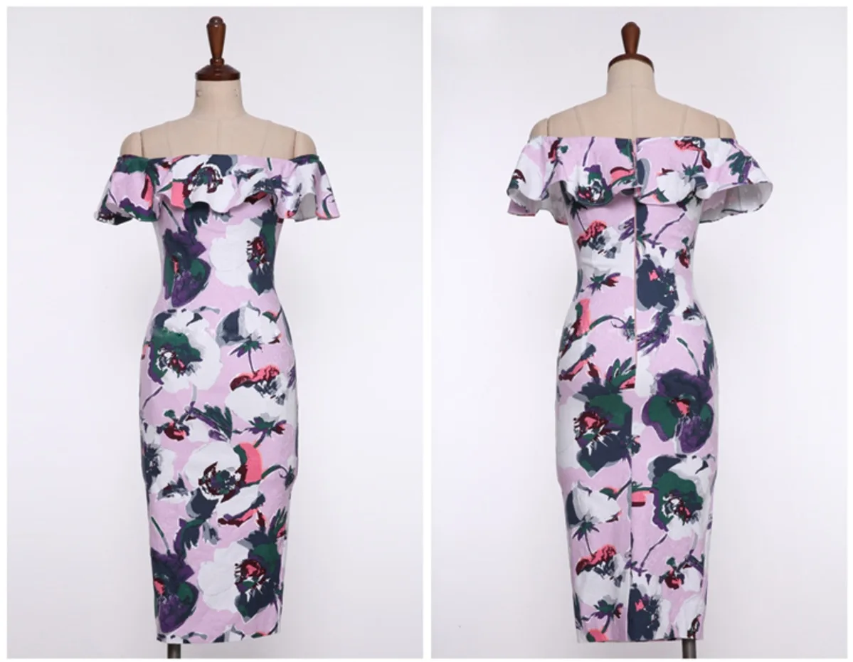 

Elegant Ruffles Women Cocktail Dress Sexy Boat Neck Short Sleeve Slim Floral Chiffon Dress 2021 Korean Summer Vestidos Femme