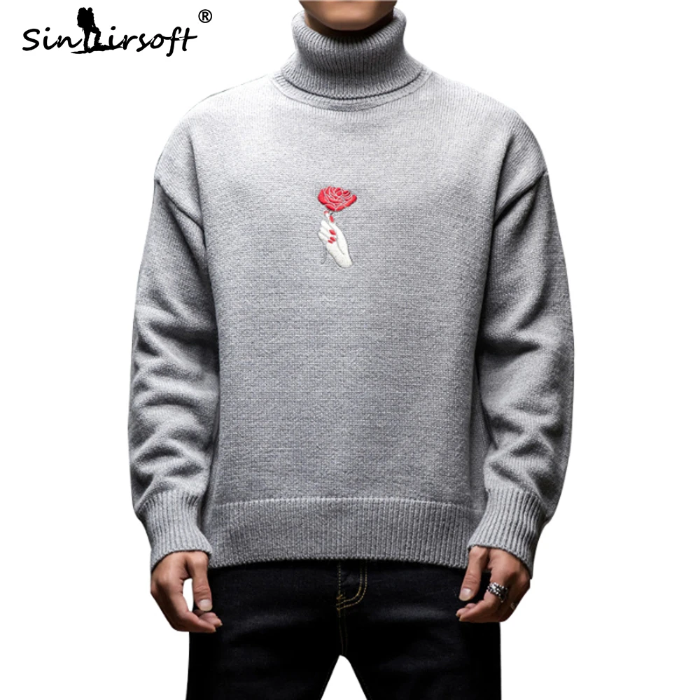 Rose Embroidery Pullovers Men's Turtleneck Long Sleeve Casual Sweater Warm Male Black And White 2019 Fashion Top Clothing M-3XL | Мужская