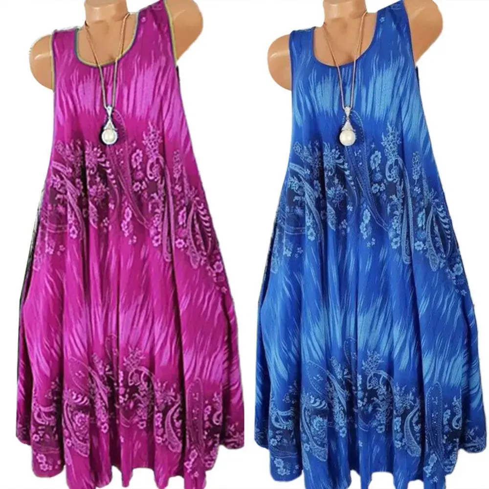 Aliexpress - Hot Sales!!! Women Summer Floral Print Round Neck Sleeveless Loose Pleated Plus Tank Dress