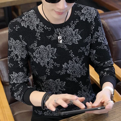 

New men's casual color matching letter round neck long-sleeved T-shirt bottoming shirt