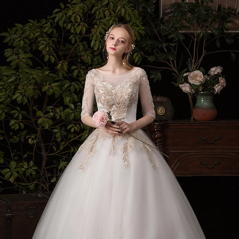 

New Wedding Dress Manual Bead Nailing Round Neck Wedding Dress Short Sleeve Flush Wedding Dress One Shoulder Wedding Dress